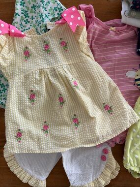 12M Bundle, including Yellow Seersucker Floral Set with Pink Bow Details